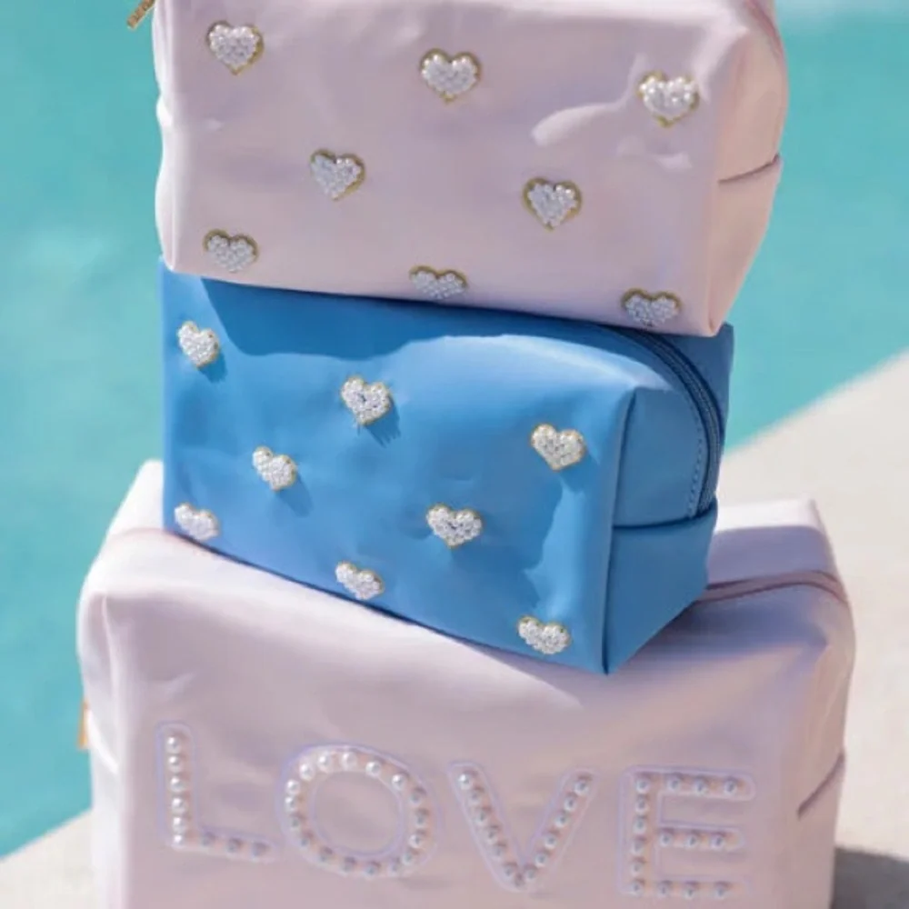 Anthropologie Blue Heart Makeup Bag Cosmetic Pouch Travel Organizer NWT